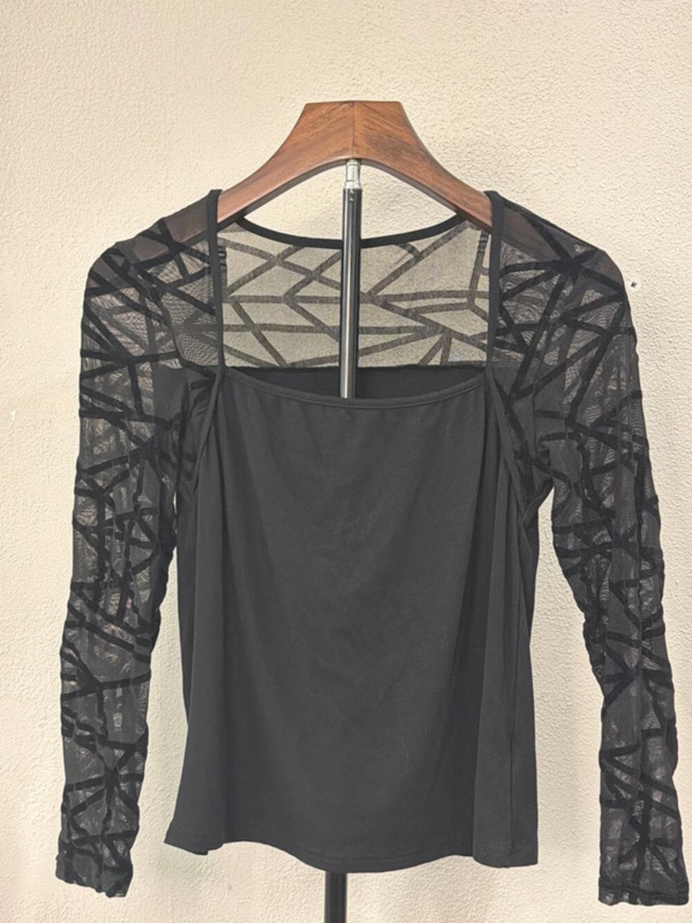 Women's Sheer Mesh Long Sleeve Square Neck Top Geometric Print